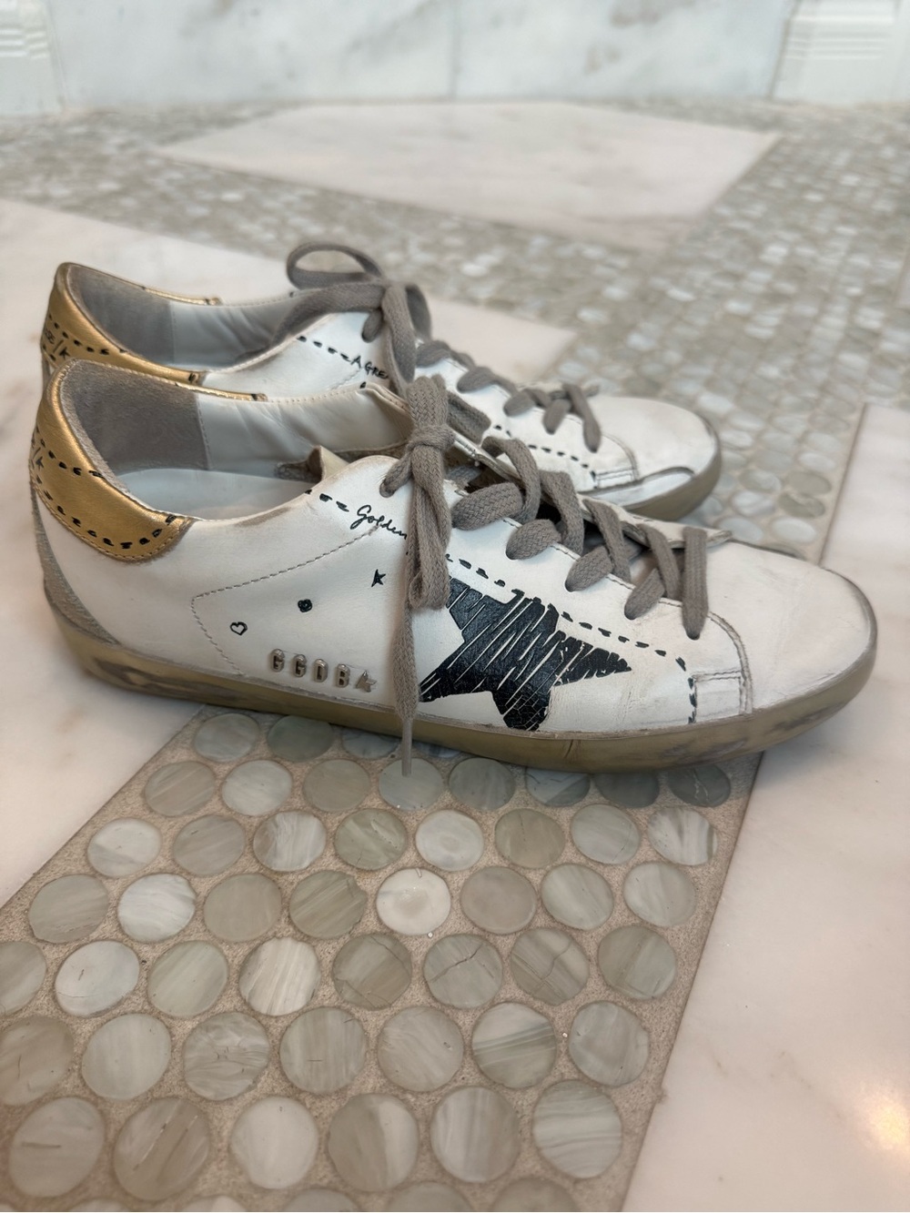 Golden Goose White Leather Sneakers with Blue Star and Gold Heel